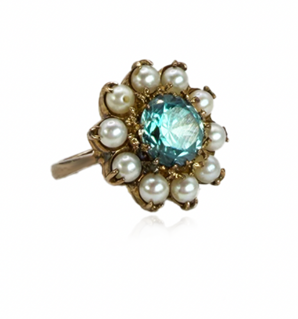 Natural Blue Zircon and Pearl Ring