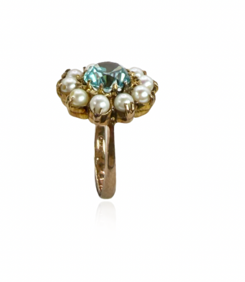 Natural Blue Zircon and Pearl Ring