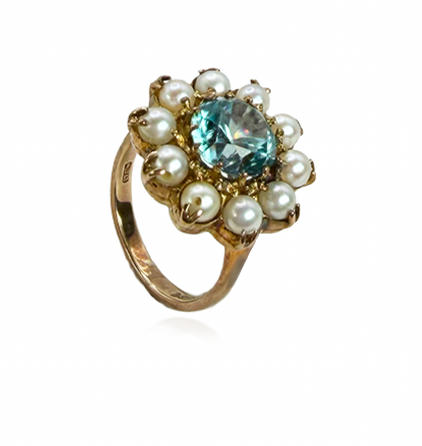Natural Blue Zircon and Pearl Ring