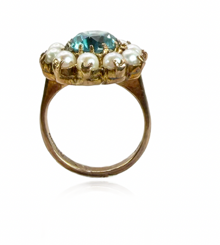 Natural Blue Zircon and Pearl Ring