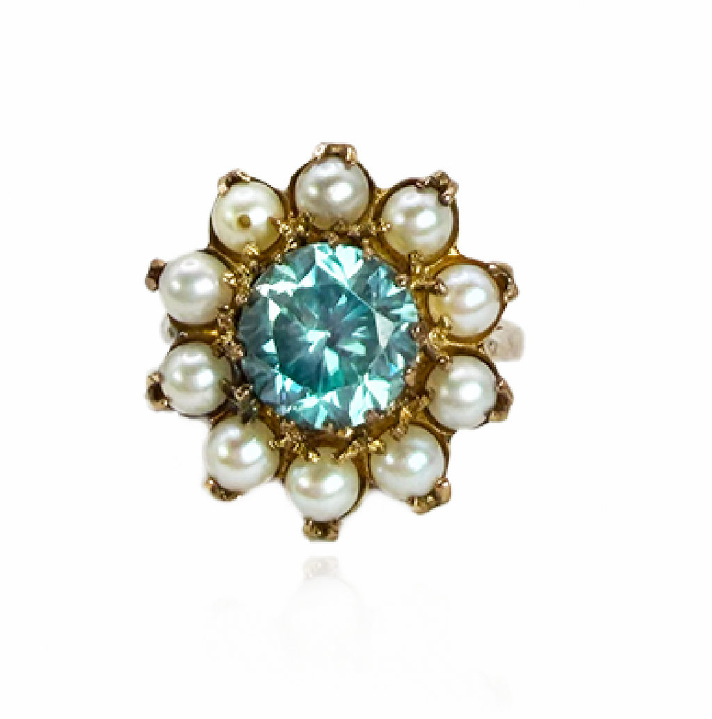 Natural Blue Zircon and Pearl Ring