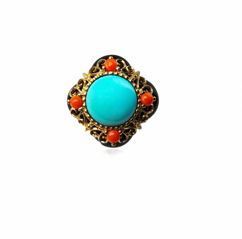 Persian Turquoise and Coral Ring