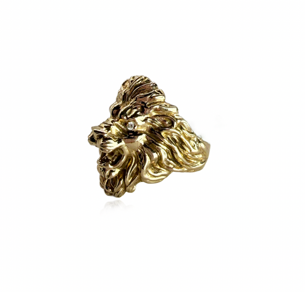 Gold Lion Ring with Diamond Eyes
