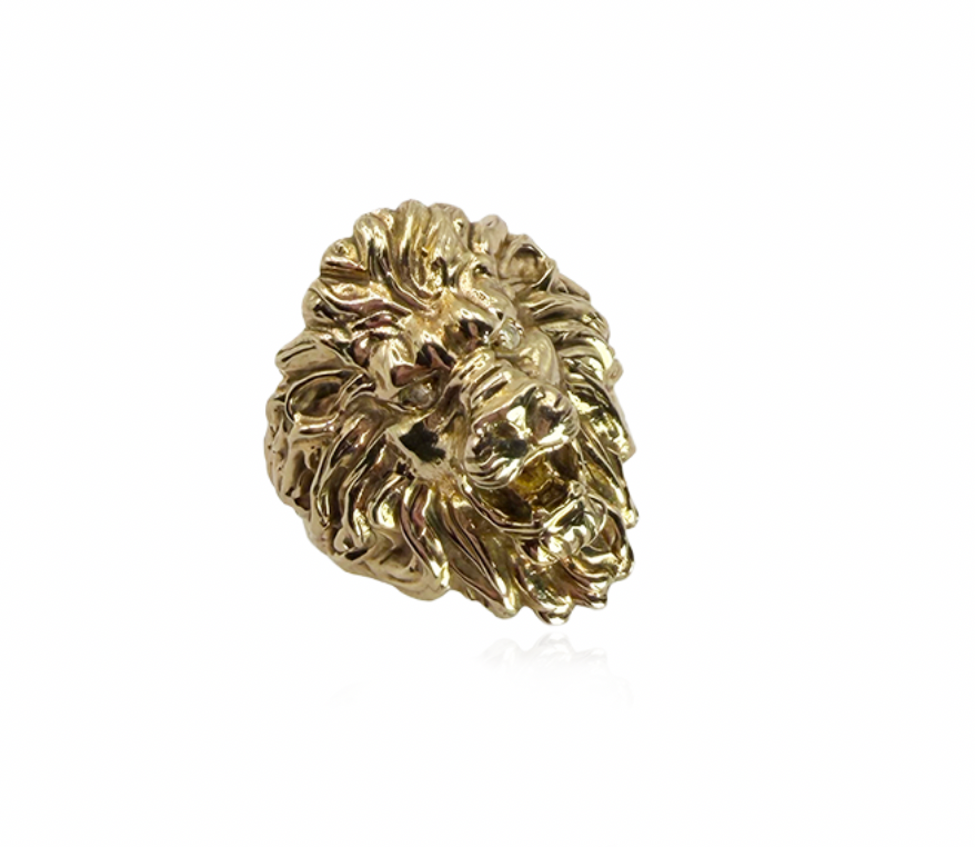 Gold Lion Ring with Diamond Eyes