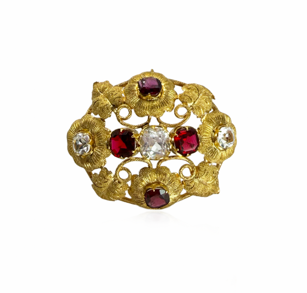 Garnet and White Tourmaline Brooch