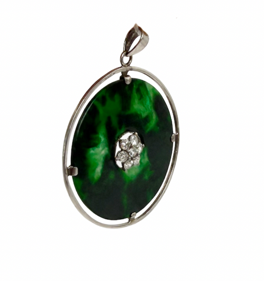 Antique Fine Jadeite Bi Pendant With Diamonds