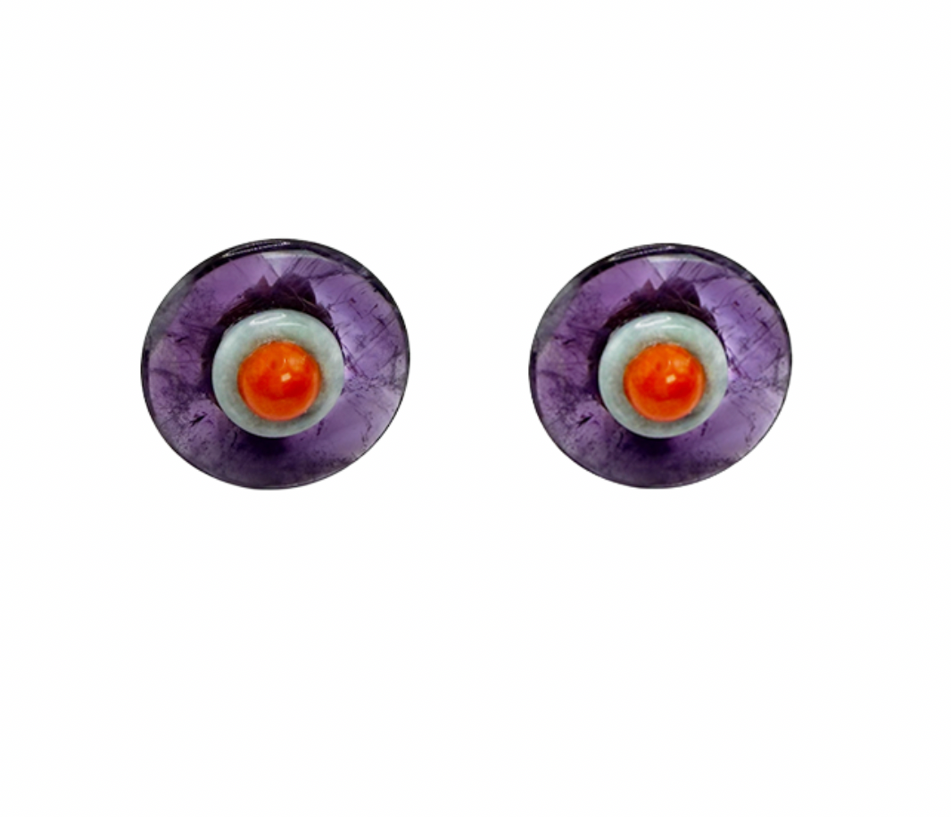 Amethyst, Jadeite, & Coral Clip Earrings