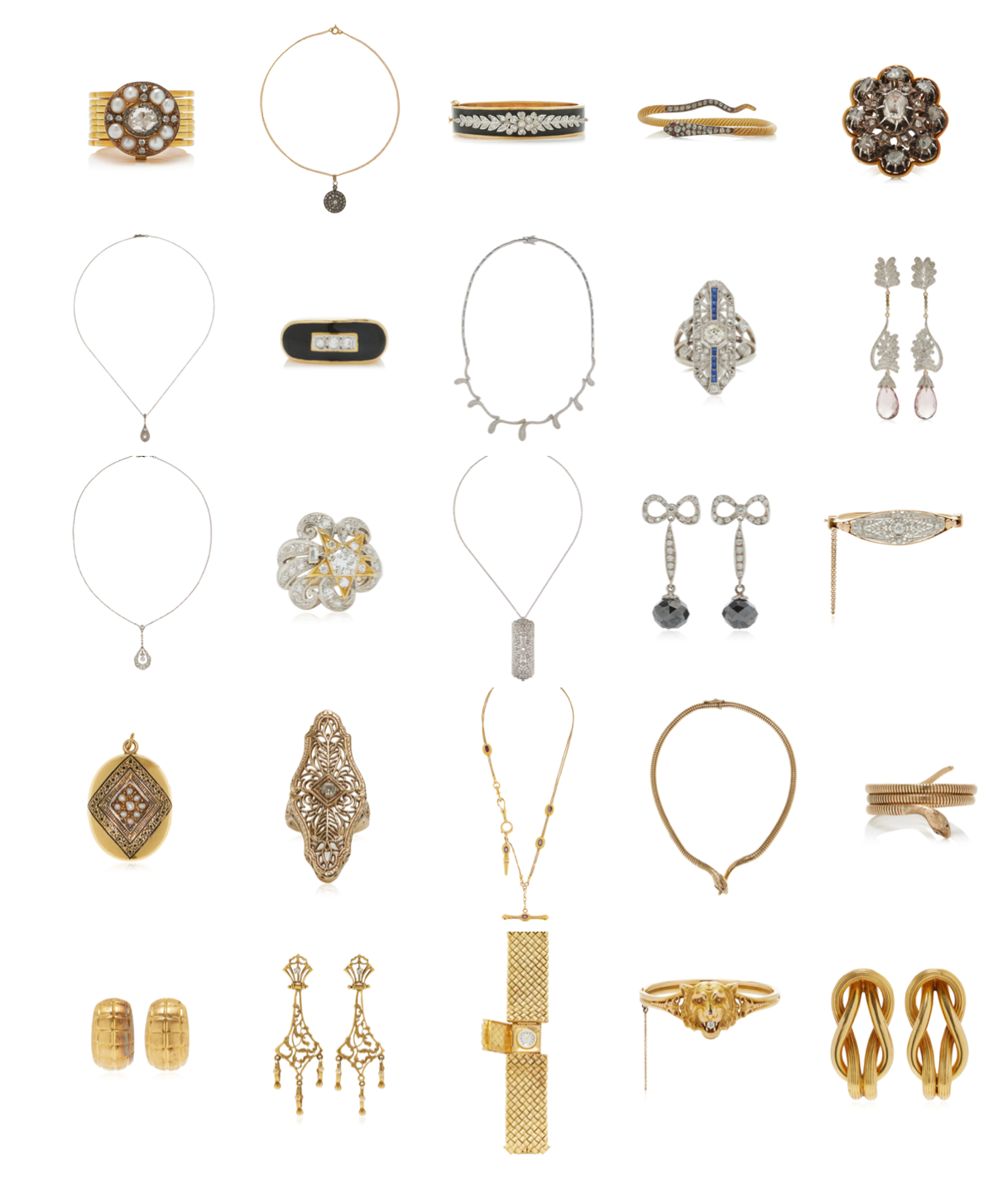 Collection of various jewelry items including earrings, necklaces, and brooches on a white background.
